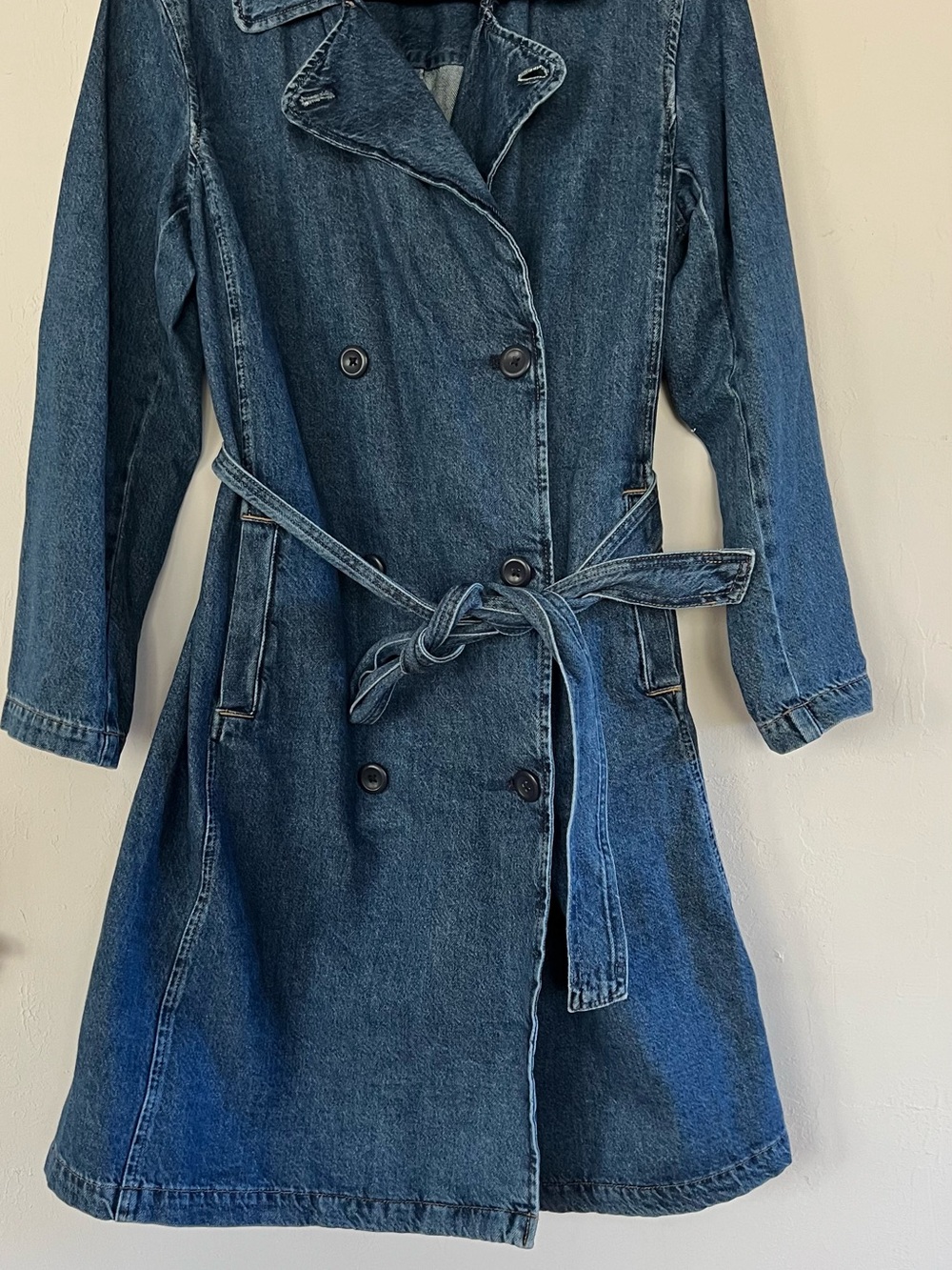 Women's Dark Blue Denim Trench Coat with Waist Tie